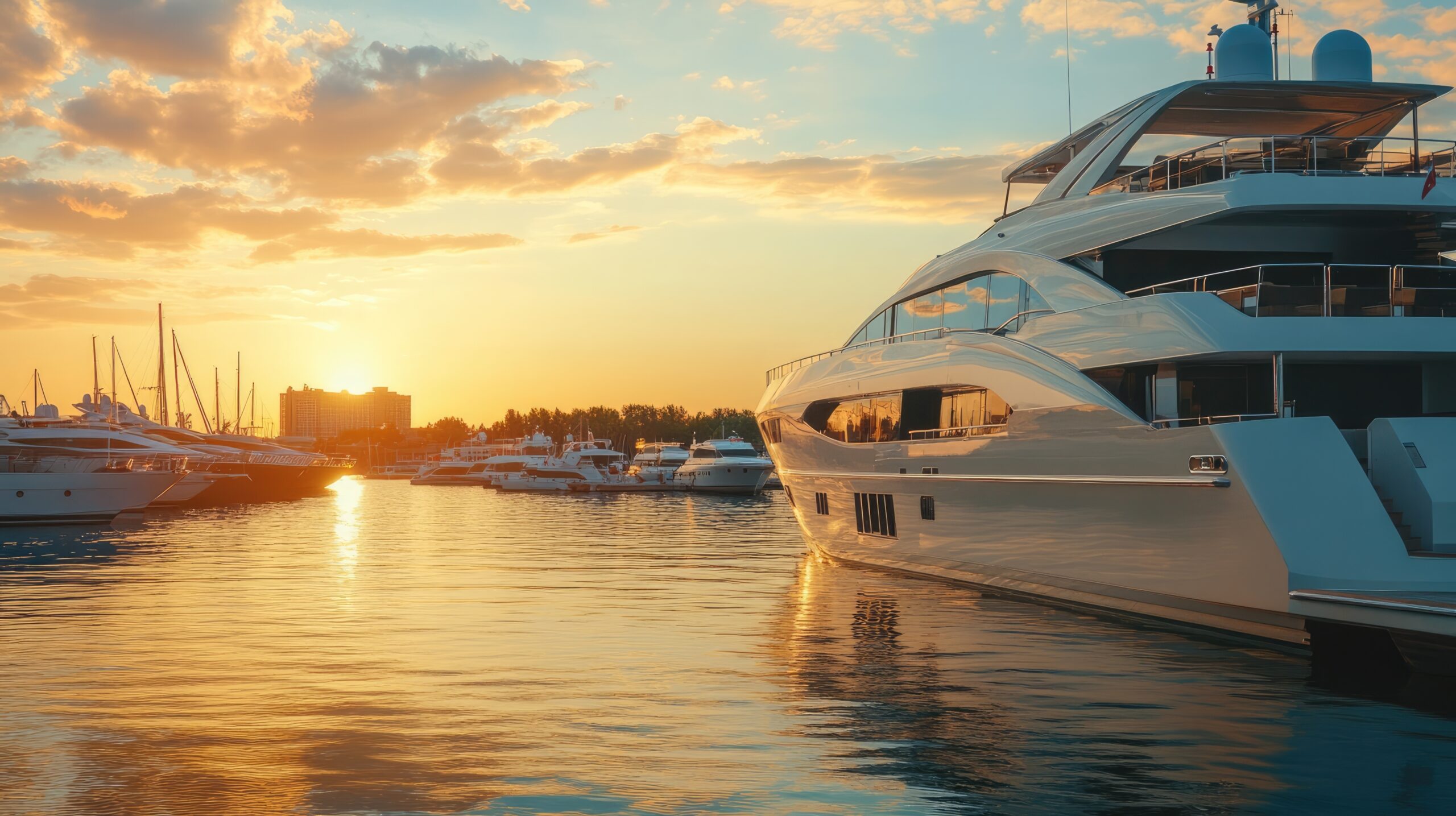 White,Blank,Yacht,Docked,At,A,Marina,,Soft,Golden,Hour