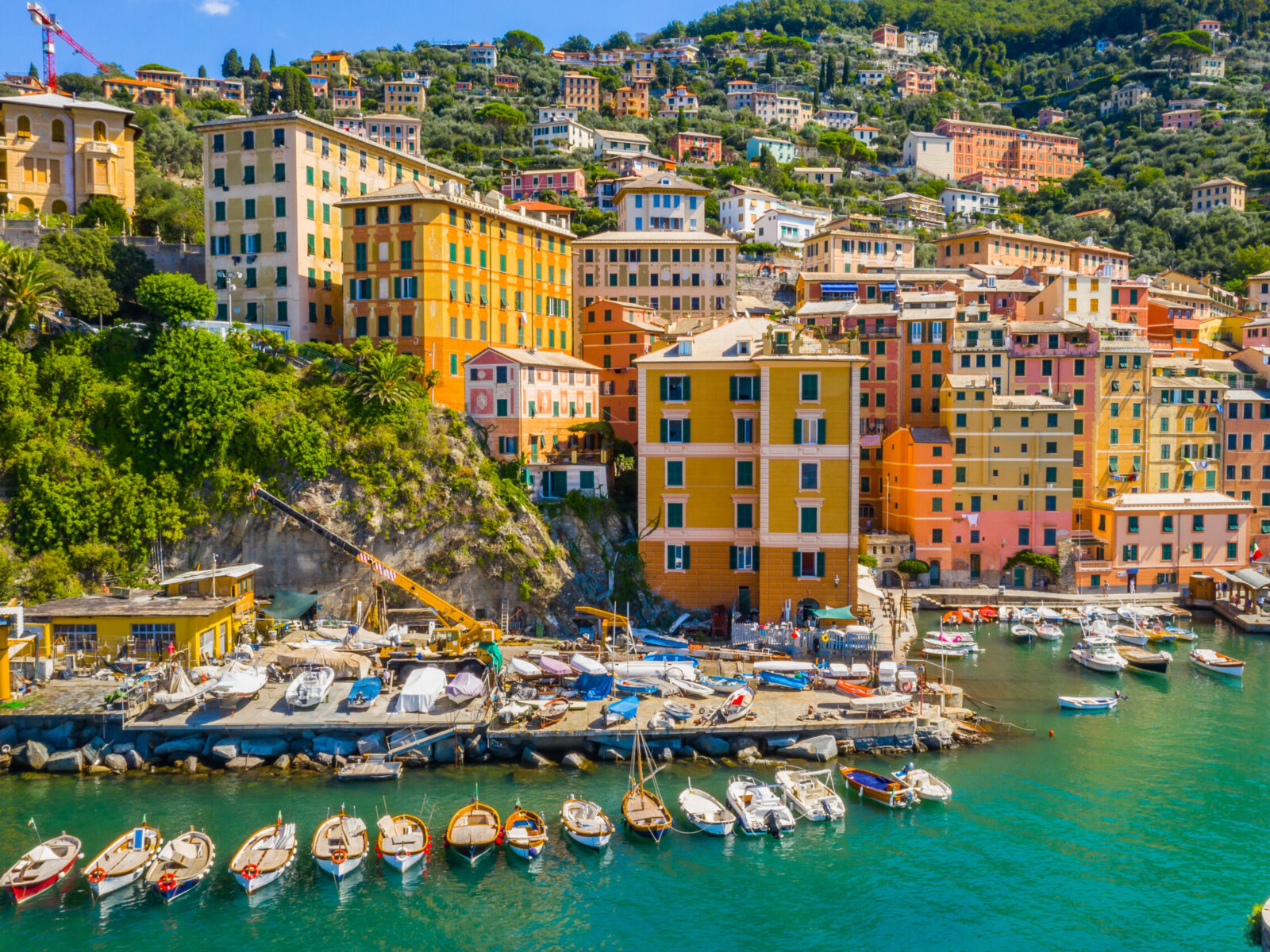 Camogli,Marina,Aerial,View.,Boats,And,Yachts,Moored,In,Harbor