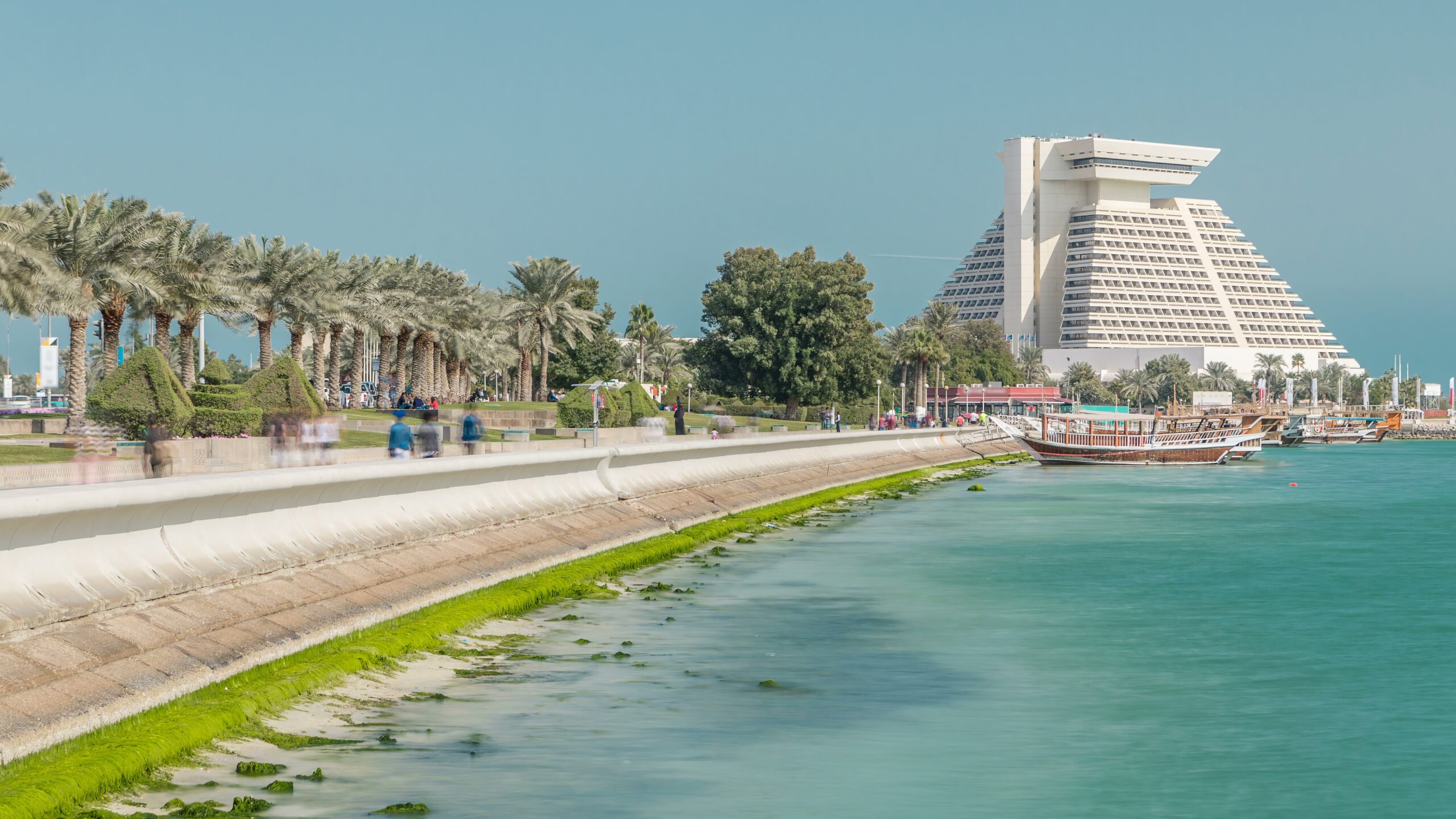 Doha’s,Corniche,In,West,Bay,Timelapse,With,Old,Boats,On