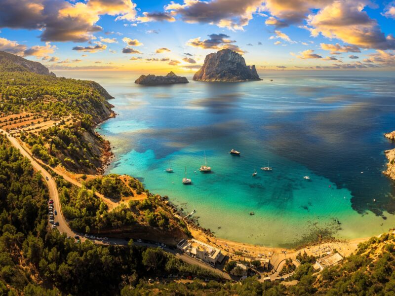 Aerial,View,Of,Cala,Dhort,Beach,In,Ibiza,,Featuring,The