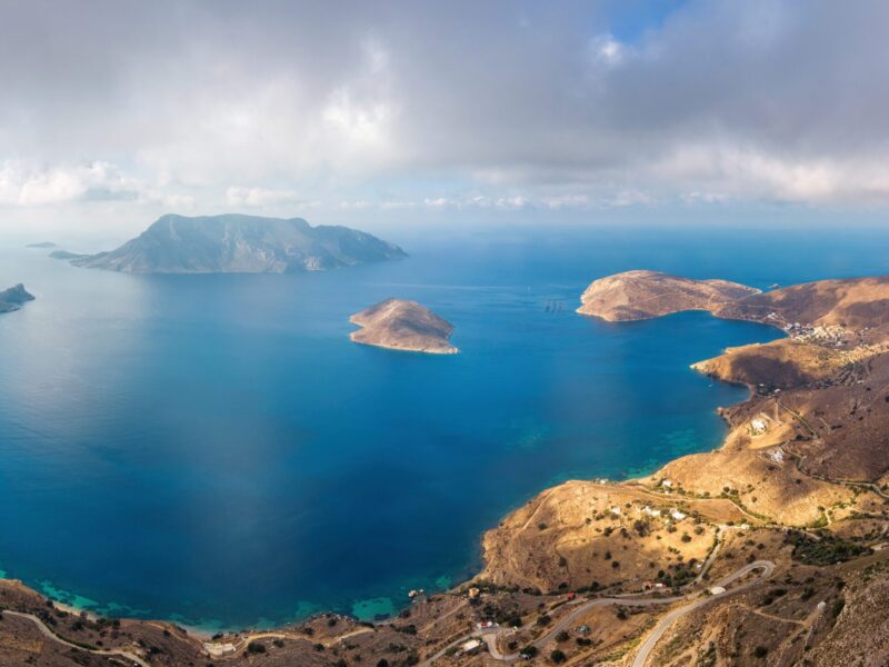 Drone,View,Of,Kalymnos,And,Telendos,Islands,On,Sunny,Day.