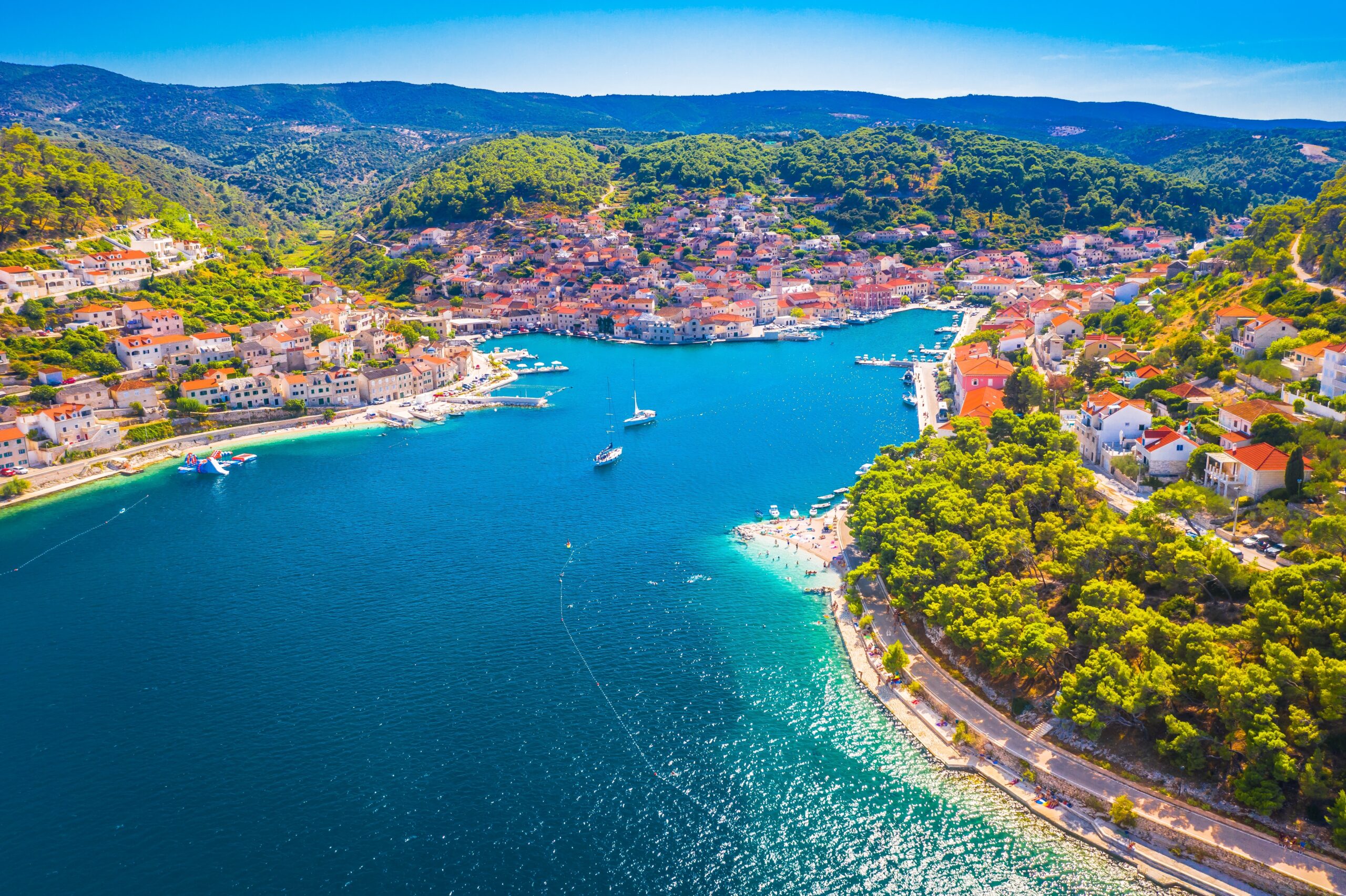 A,Breathtaking,Aerial,View,Of,Pucisca,On,Brac,Island,,Croatia,