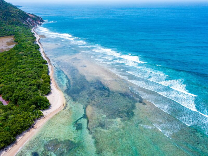 Aerial,View,Of,The,Jungle,And,Waves,Breaking,At,Reef