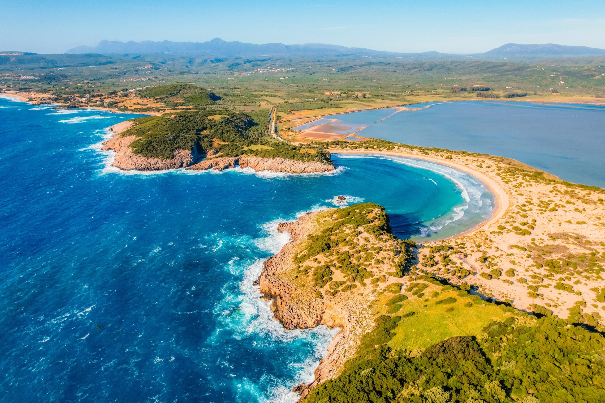 Aerial,View,Of,Voidokilia,Beach,,Lagoon,With,Beaches,In,Mediterranean,